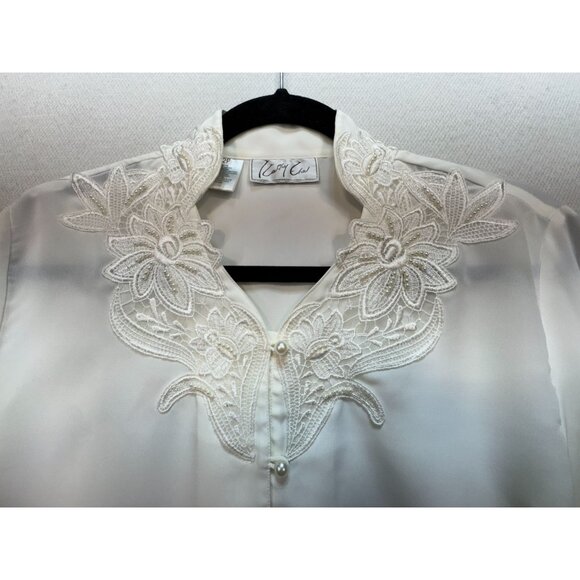 VintageKathy Che Womens Button Up Shirt Size 12P Ivory Embroidered Sheer Dainty - Picture 4 of 10